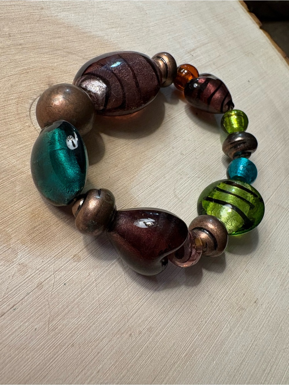 Artisan Made Multicolor Lampwork Glass Bead Stretch Bracelet Green, Teal & Brown